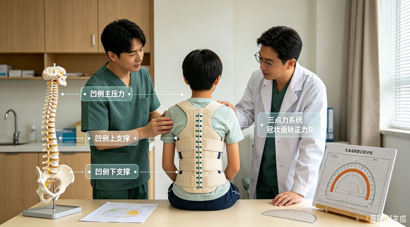 脊柱侧弯支具的生物力学原理   脊柱侧弯支具是青少年特发性脊柱侧弯（Cobb角20°-40°）的一线保守治疗方案，其疗效核心建立在严谨的生物力学机制之上。支具并非简单的外力